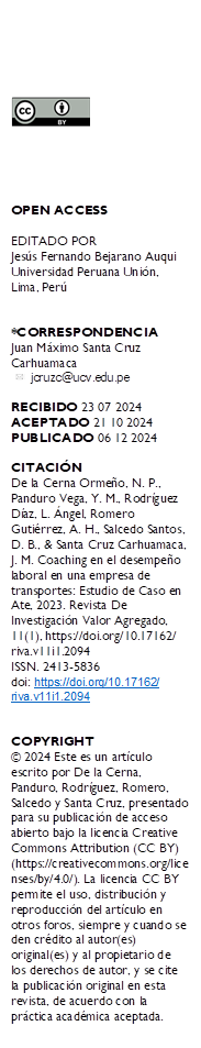  





OPEN ACCESS

EDITADO POR
Jesús Fernando Bejarano Auqui Universidad Peruana Unión, Lima, Perú


*CORRESPONDENCIA
Juan Máximo Santa Cruz Carhuamaca 
 	jcruzc@ucv.edu.pe

RECIBIDO 23 07 2024 
ACEPTADO 21 10 2024 PUBLICADO 06 12 2024

CITACIÓN 
De la Cerna Ormeño, N. P., Panduro Vega, Y. M., Rodríguez Díaz, L. Ángel, Romero Gutiérrez, A. H., Salcedo Santos, D. B., & Santa Cruz Carhuamaca, J. M. Coaching en el desempeño laboral en una empresa de transportes: Estudio de Caso en Ate, 2023. Revista De Investigación Valor Agregado, 11(1), https://doi.org/10.17162/
riva.v11i1.2094
ISSN. 2413-5836
doi: https://doi.org/10.17162/
riva.v11i1.2094


COPYRIGHT 
© 2024 Este es un artículo escrito por De la Cerna, Panduro, Rodríguez, Romero, Salcedo y Santa Cruz, presentado para su publicación de acceso abierto bajo la licencia Creative Commons Attribution (CC BY) (https://creativecommons.org/licenses/by/4.0/). La licencia CC BY permite el uso, distribución y reproducción del artículo en otros foros, siempre y cuando se den crédito al autor(es) original(es) y al propietario de los derechos de autor, y se cite la publicación original en esta revista, de acuerdo con la práctica académica aceptada.
