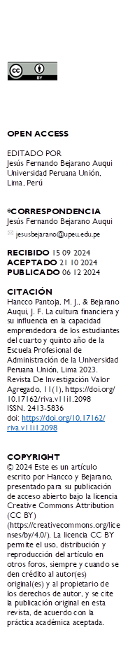  





OPEN ACCESS

EDITADO POR
Jesús Fernando Bejarano Auqui Universidad Peruana Unión, Lima, Perú


*CORRESPONDENCIA
Jesús Fernando Bejarano Auqui   jesusbejarano@upeu.edu.pe

RECIBIDO 15 09 2024 
ACEPTADO 21 10 2024 PUBLICADO 06 12 2024

CITACIÓN 
Hancco Pantoja, M. J., & Bejarano Auqui, J. F. La cultura financiera y su influencia en la capacidad emprendedora de los estudiantes del cuarto y quinto año de la Escuela Profesional de Administración de la Universidad Peruana Unión, Lima 2023. Revista De Investigación Valor Agregado, 11(1), https://doi.org/
10.17162/riva.v11i1.2098
ISSN. 2413-5836
doi: https://doi.org/10.17162/
riva.v11i1.2098


COPYRIGHT 
© 2024 Este es un artículo escrito por Hancco y Bejarano, presentado para su publicación de acceso abierto bajo la licencia Creative Commons Attribution (CC BY) (https://creativecommons.org/licenses/by/4.0/). La licencia CC BY permite el uso, distribución y reproducción del artículo en otros foros, siempre y cuando se den crédito al autor(es) original(es) y al propietario de los derechos de autor, y se cite la publicación original en esta revista, de acuerdo con la práctica académica aceptada.
